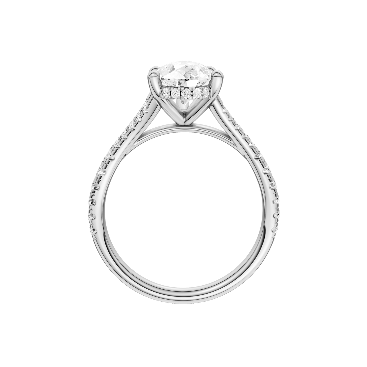 A profile view of the Pear cut diamond engagement ring in 14k white gold with a prong band and cathedral setting