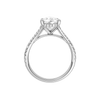 A profile view of the Pear cut diamond engagement ring in platinum with a prong band and cathedral setting