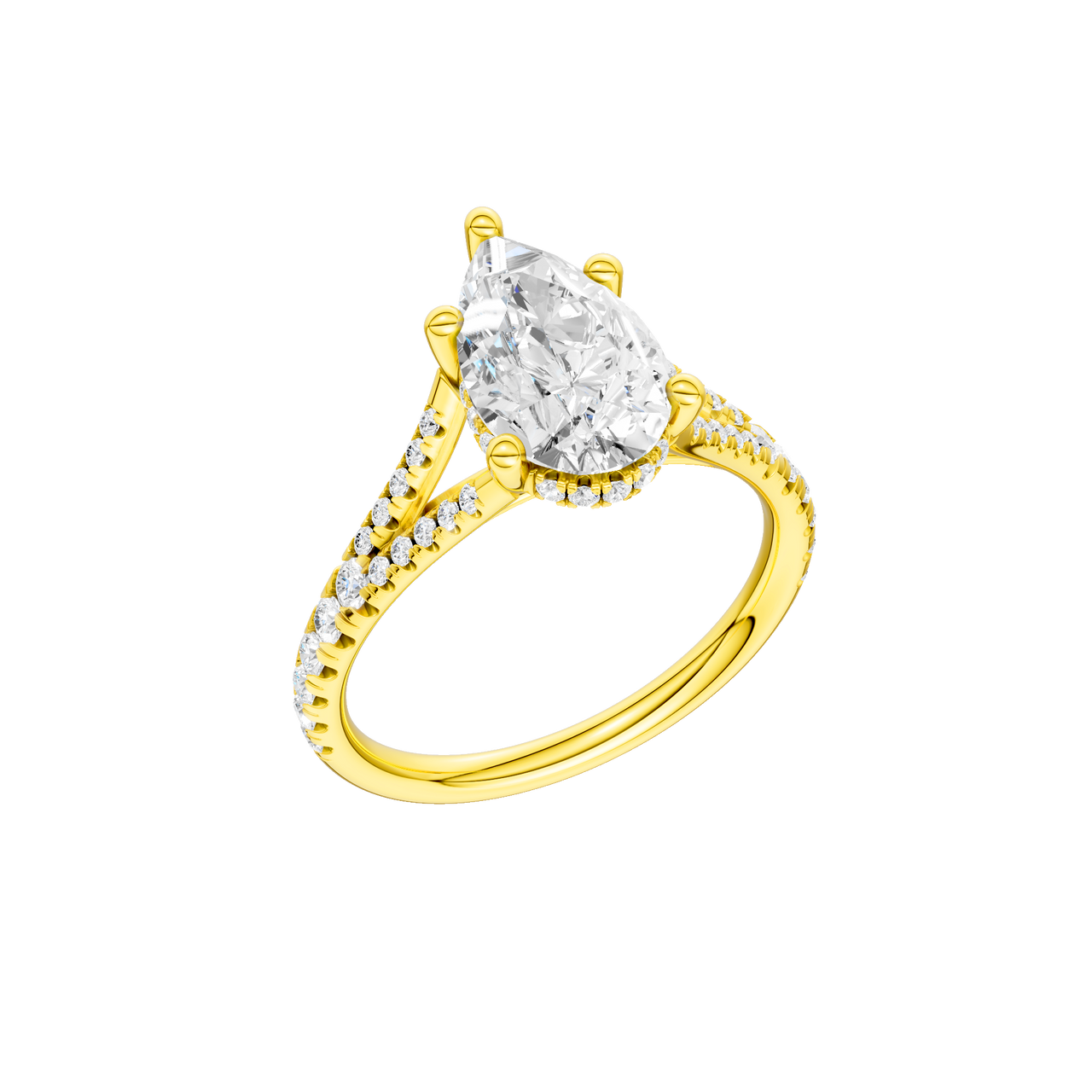 A three-quarter view of the Pear cut diamond engagement ring in 14k yellow gold with a prong band and cathedral setting