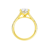 A profile view of the Pear cut diamond engagement ring in 14k yellow gold with a prong band and cathedral setting