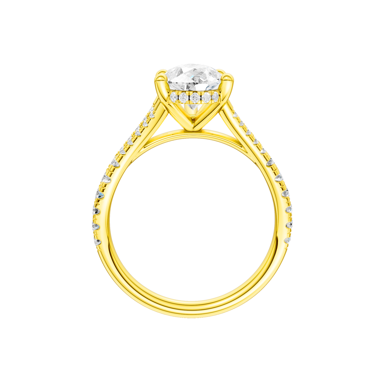 A profile view of the Pear cut diamond engagement ring in 14k yellow gold with a prong band and cathedral setting