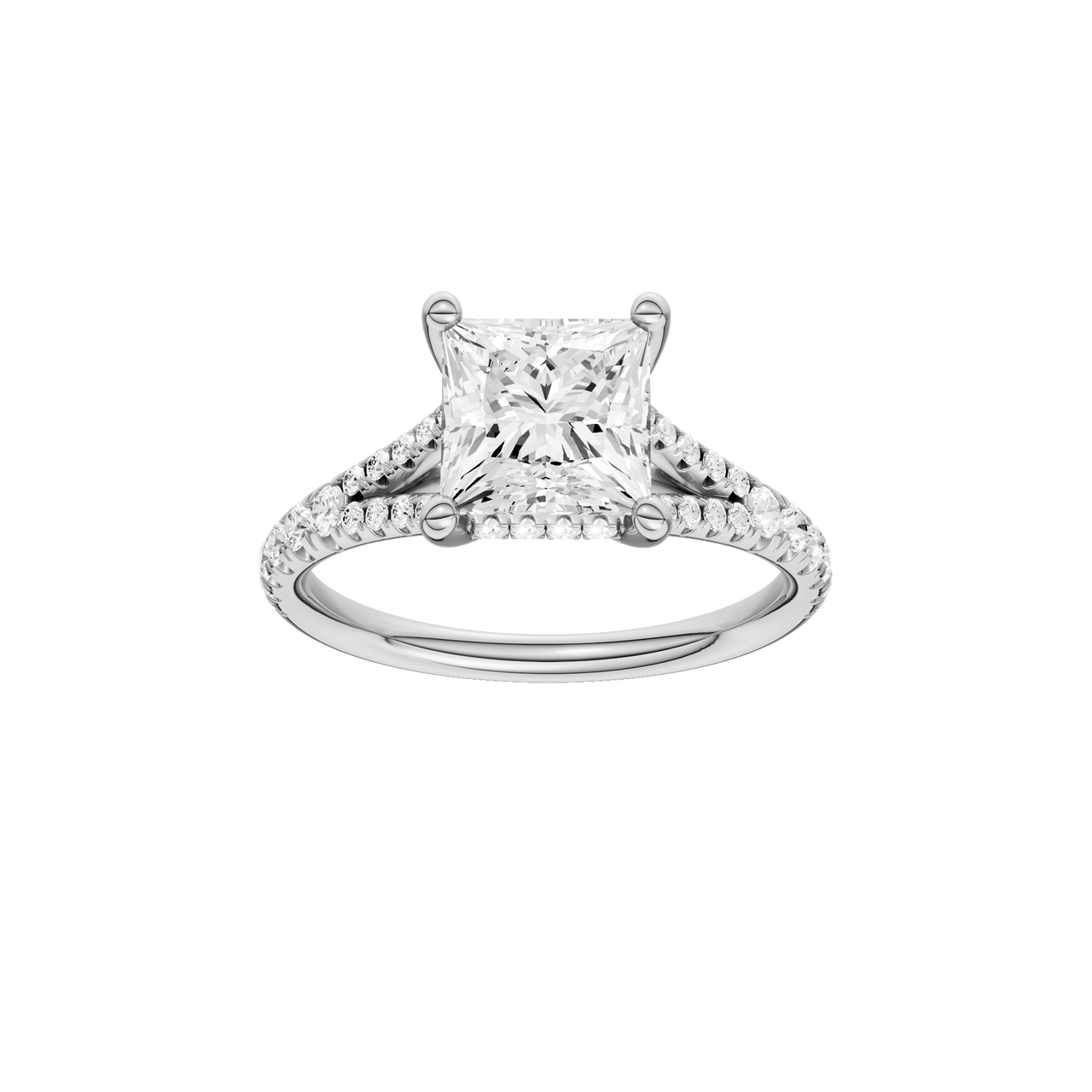 A front view of the Princess cut diamond engagement ring in 14k white gold with a prong band and hidden halo setting