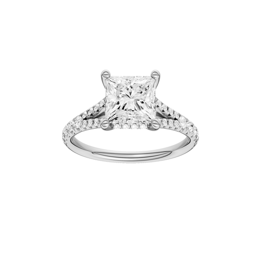 A front view of the Princess cut diamond engagement ring in 14k white gold with a prong band and hidden halo setting