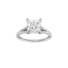 A front view of the Princess cut diamond engagement ring in platinum with a prong band and hidden halo setting