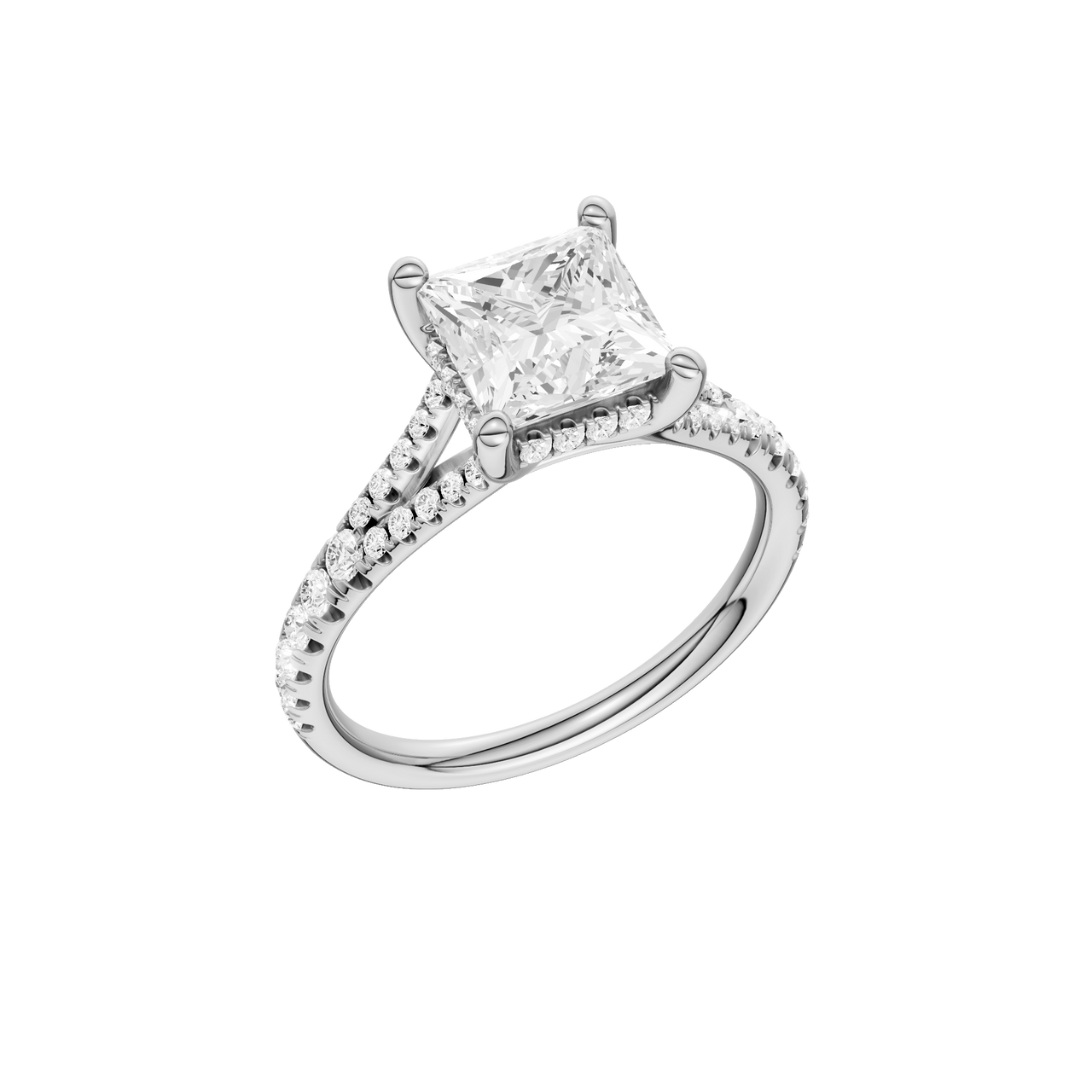 A three-quarter view of the Princess cut diamond engagement ring in platinum with a prong band and hidden halo setting