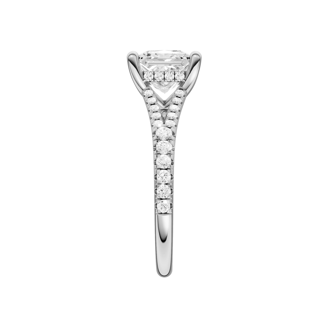 A side view of the Princess cut diamond engagement ring in platinum with a prong band and hidden halo setting