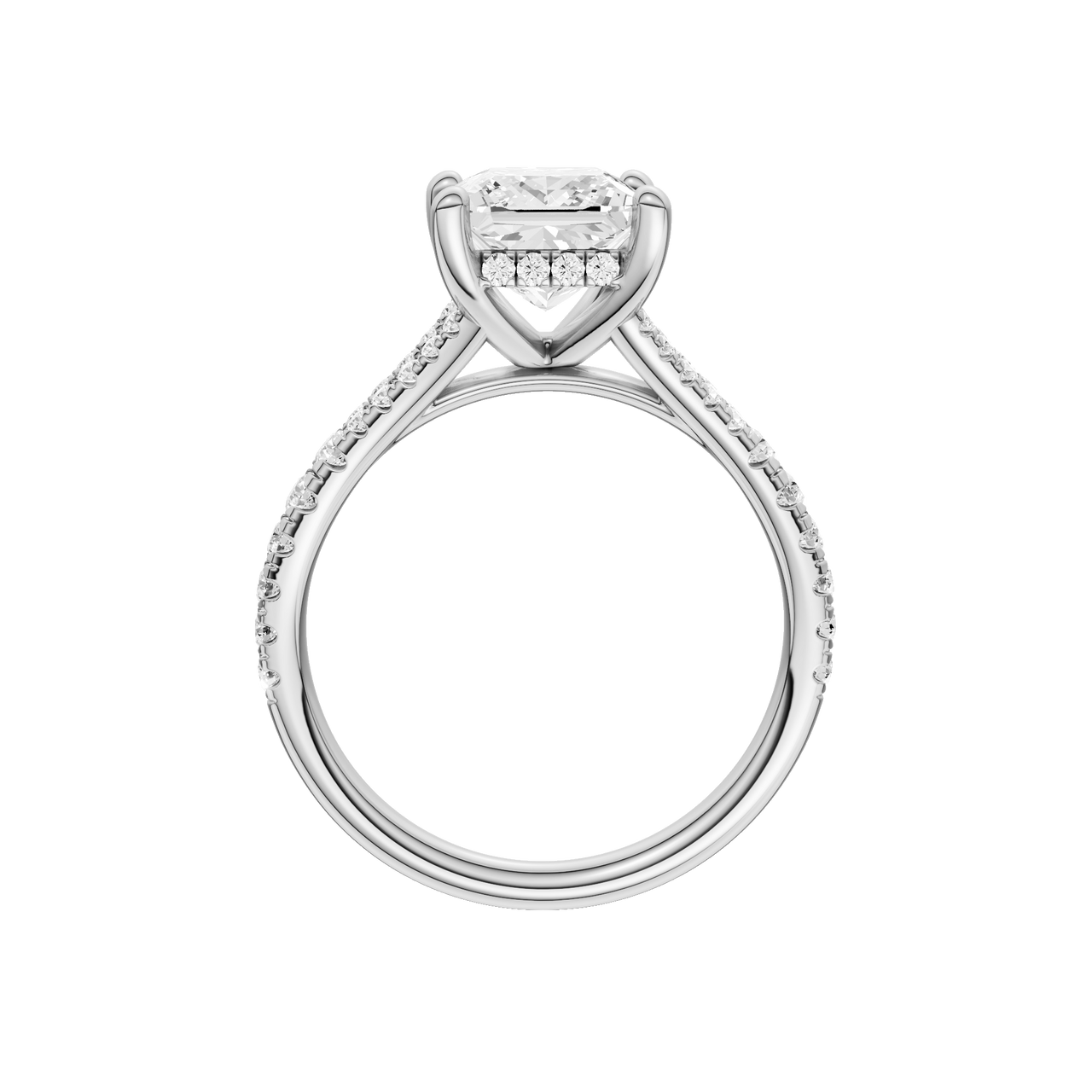 A profile view of the Princess cut diamond engagement ring in platinum with a prong band and hidden halo setting