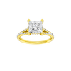 A front view of the Princess cut diamond engagement ring in 14k yellow gold with a prong band and hidden halo setting