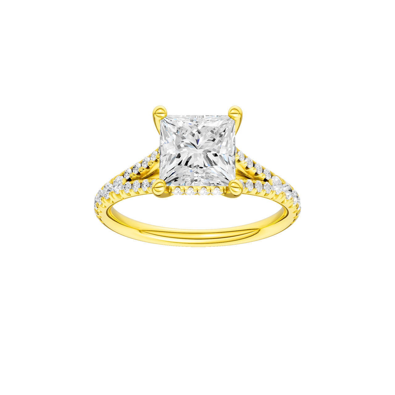 A front view of the Princess cut diamond engagement ring in 14k yellow gold with a prong band and hidden halo setting