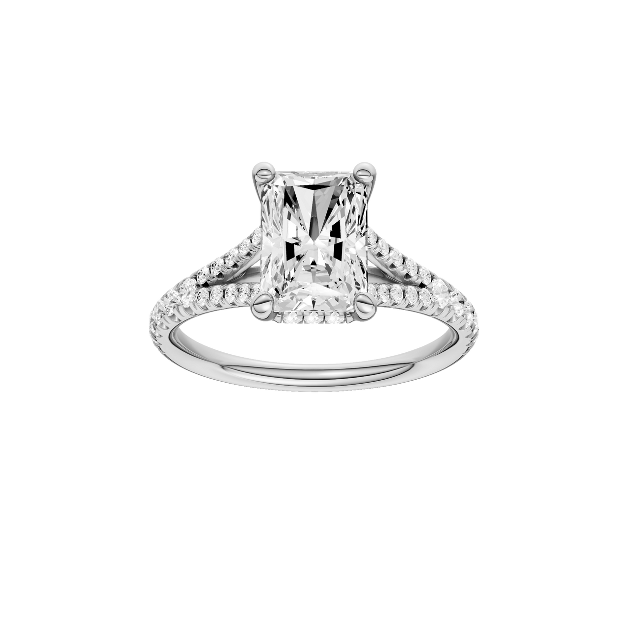 A front view of the Radiant cut diamond engagement ring in 14k white gold with a prong band and hidden halo setting