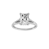 A front view of the Radiant cut diamond engagement ring in platinum with a prong band and hidden halo setting