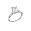A three-quarter view of the Radiant cut diamond engagement ring in platinum with a prong band and hidden halo setting