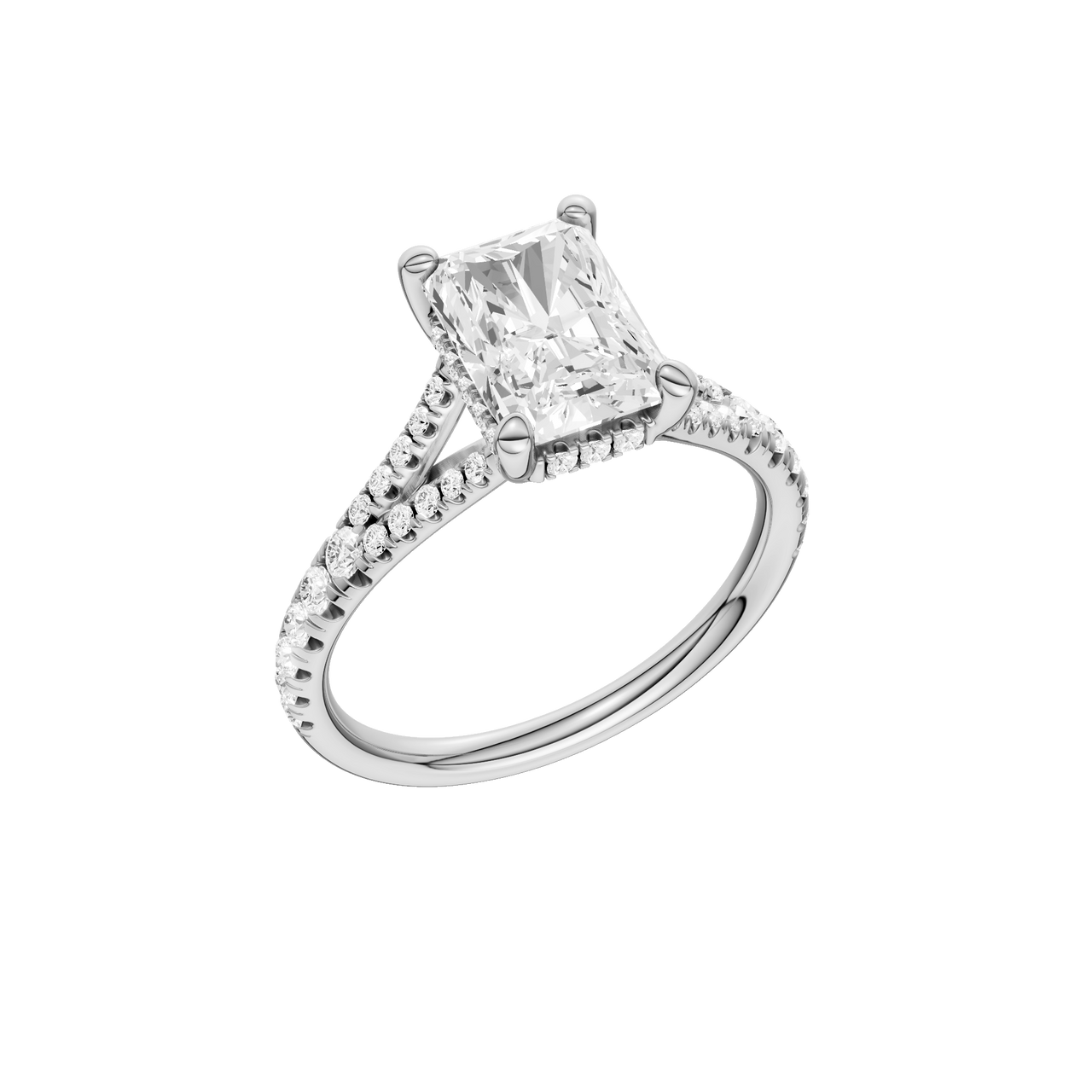 A three-quarter view of the Radiant cut diamond engagement ring in platinum with a prong band and hidden halo setting