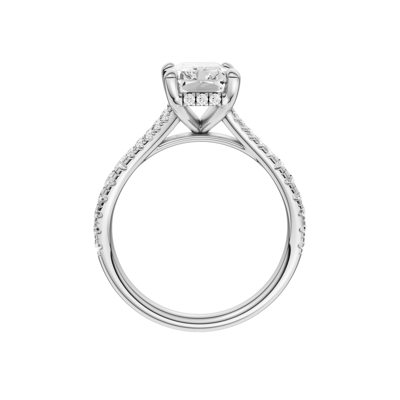 A profile view of the Radiant cut diamond engagement ring in 14k white gold with a prong band and hidden halo setting