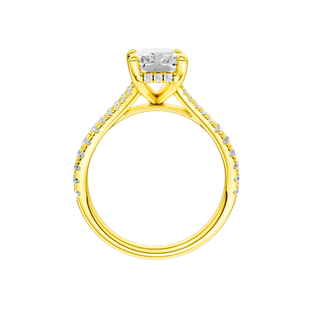 A profile view of the Radiant cut diamond engagement ring in 14k yellow gold with a prong band and hidden halo setting
