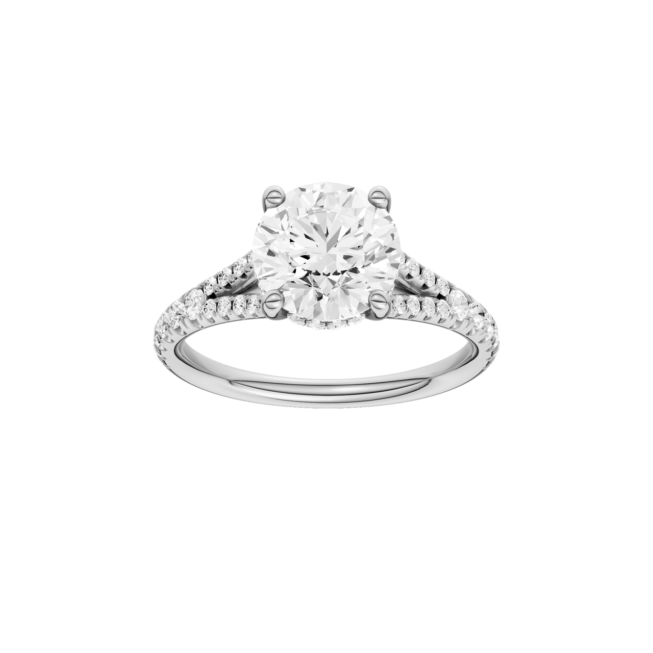 A front view of the Round cut diamond engagement ring in platinum with a prong band and hidden halo setting