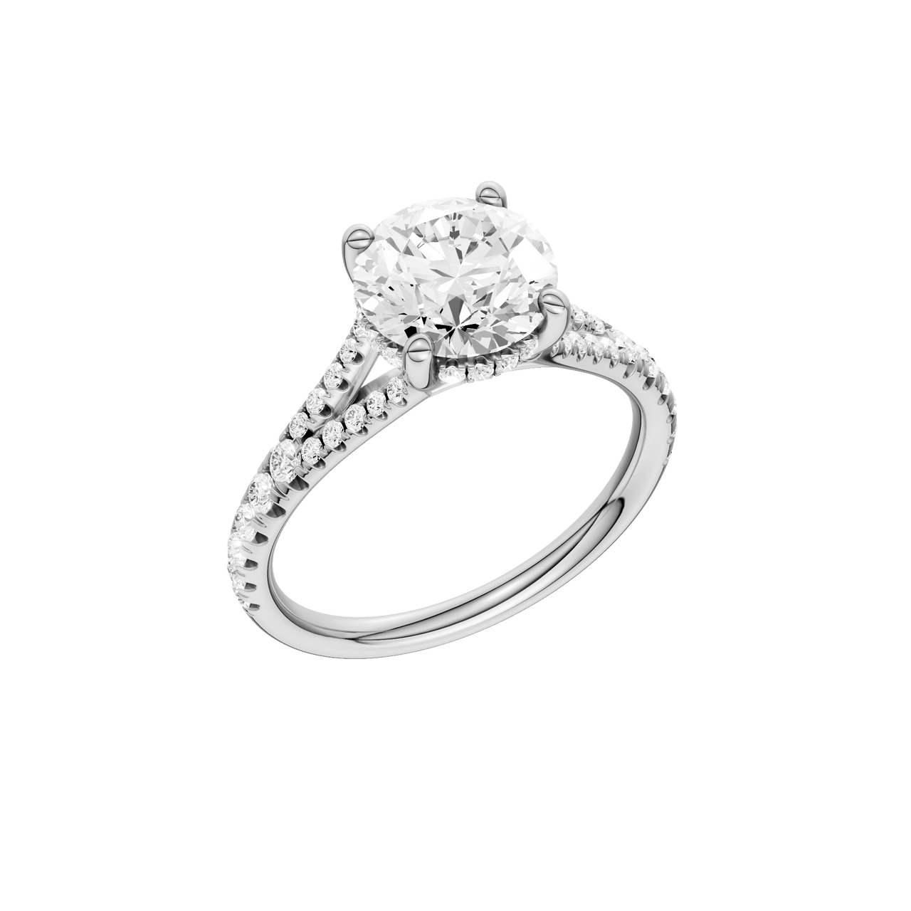 A three-quarter view of the Round cut diamond engagement ring in platinum with a prong band and hidden halo setting