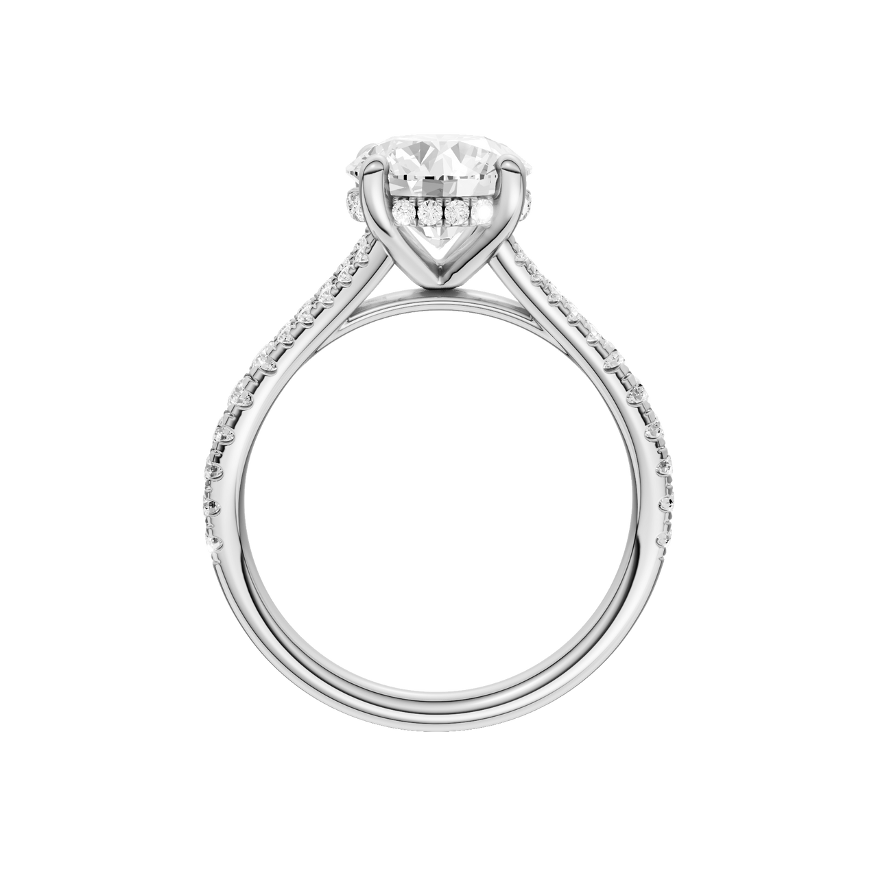 A profile view of the Round cut diamond engagement ring in platinum with a prong band and hidden halo setting