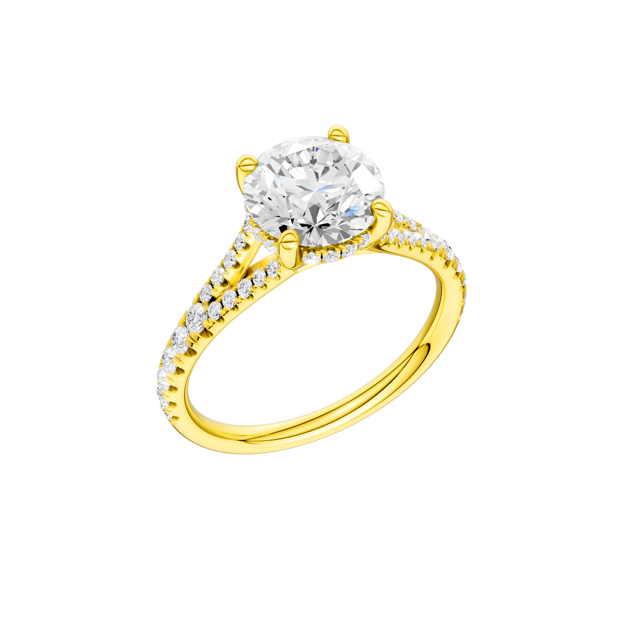 A three-quarter view of the Round cut diamond engagement ring in 14k yellow gold with a prong band and hidden halo setting