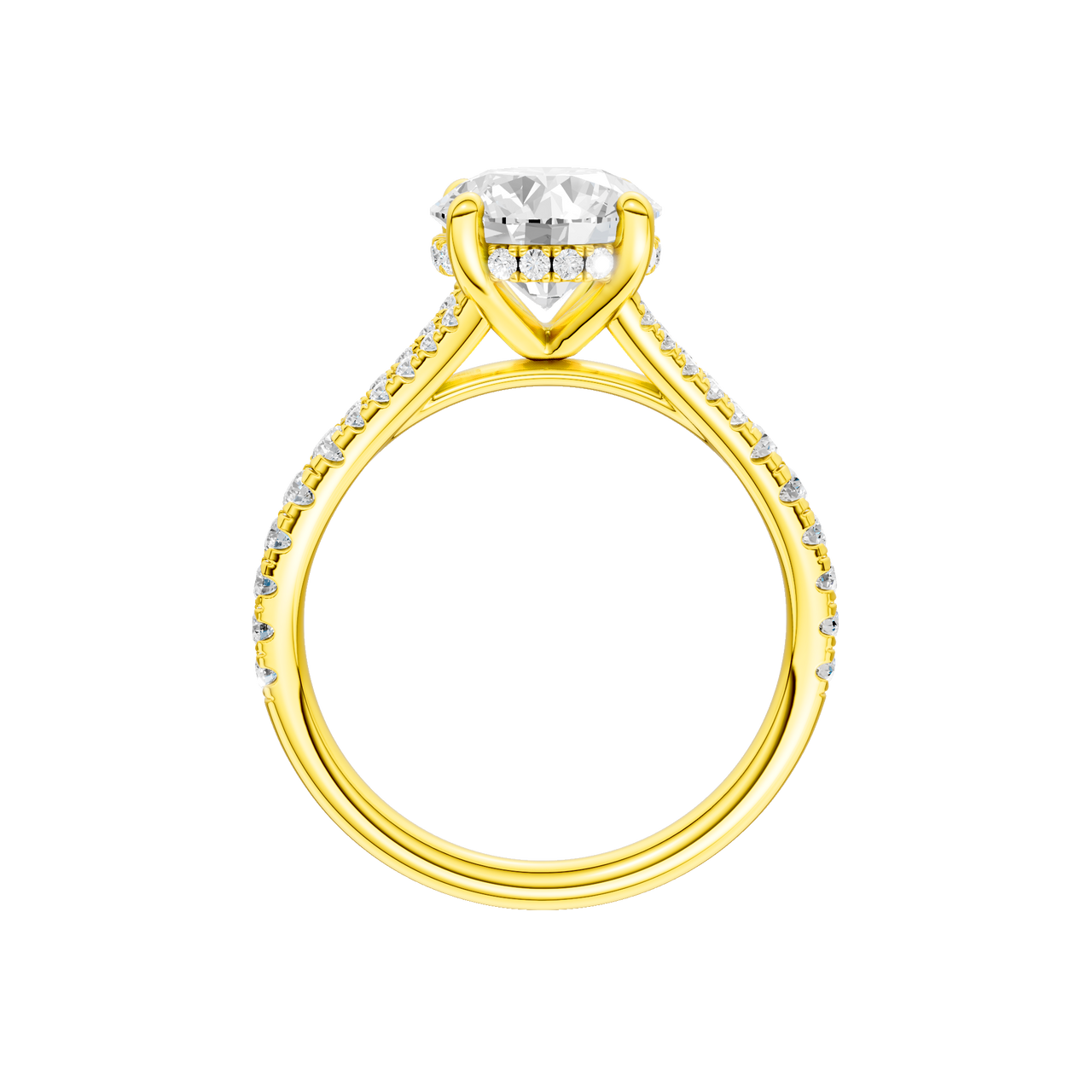 A profile view of the Round cut diamond engagement ring in 14k yellow gold with a prong band and hidden halo setting