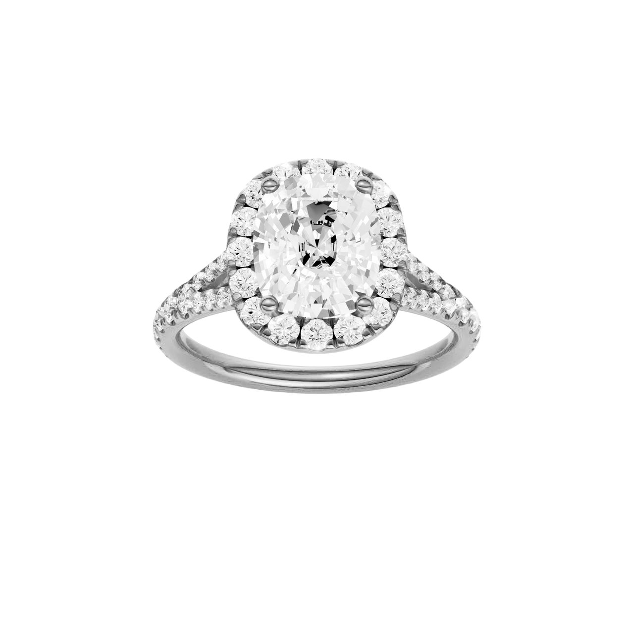 A front view of the Elongated Cushion cut diamond engagement ring in platinum with a prong band and halo setting