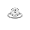 A front view of the Elongated Cushion cut diamond engagement ring in 14k white gold with a prong band and halo setting