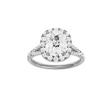 A front view of the Elongated Cushion cut diamond engagement ring in 14k white gold with a prong band and halo setting