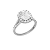 A three-quarter view of the Elongated Cushion cut diamond engagement ring in 14k white gold with a prong band and halo setting
