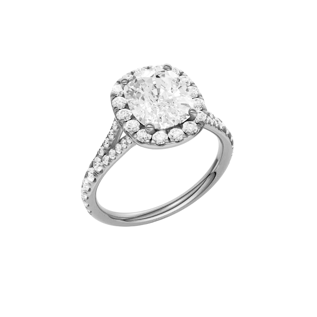 A three-quarter view of the Elongated Cushion cut diamond engagement ring in platinum with a prong band and halo setting