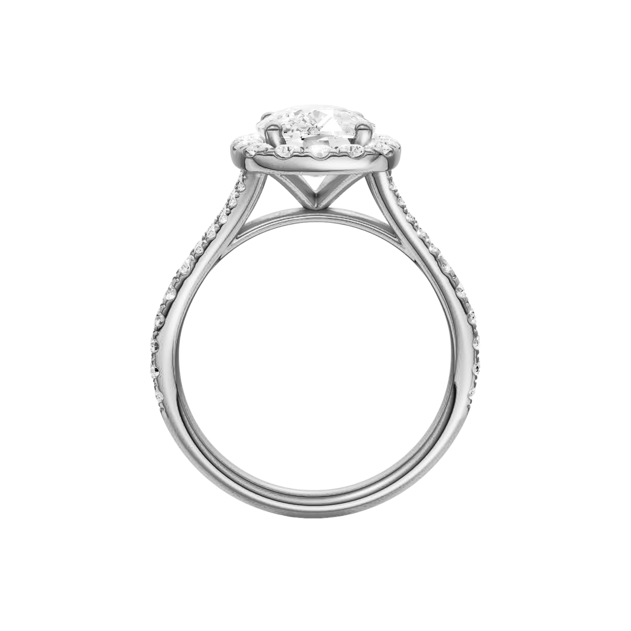 A profile view of the Elongated Cushion cut diamond engagement ring in platinum with a prong band and halo setting