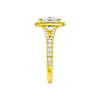A side view of the Elongated Cushion cut diamond engagement ring in 14k yellow gold with a prong band and halo setting