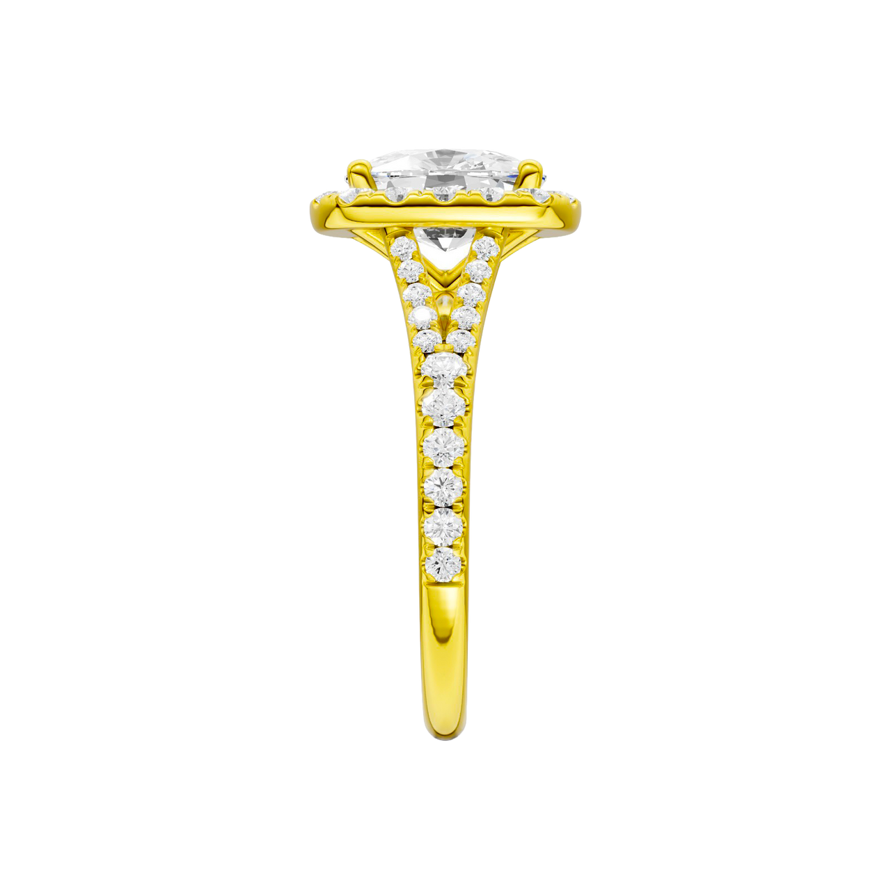 A side view of the Elongated Cushion cut diamond engagement ring in 14k yellow gold with a prong band and halo setting