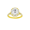 A front view of the Elongated Cushion cut diamond engagement ring in 14k yellow gold with a prong band and halo setting
