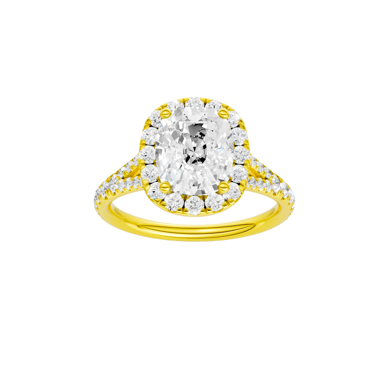 A front view of the Elongated Cushion cut diamond engagement ring in 14k yellow gold with a prong band and halo setting