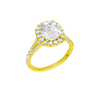 A three-quarter view of the Elongated Cushion cut diamond engagement ring in 14k yellow gold with a prong band and halo setting
