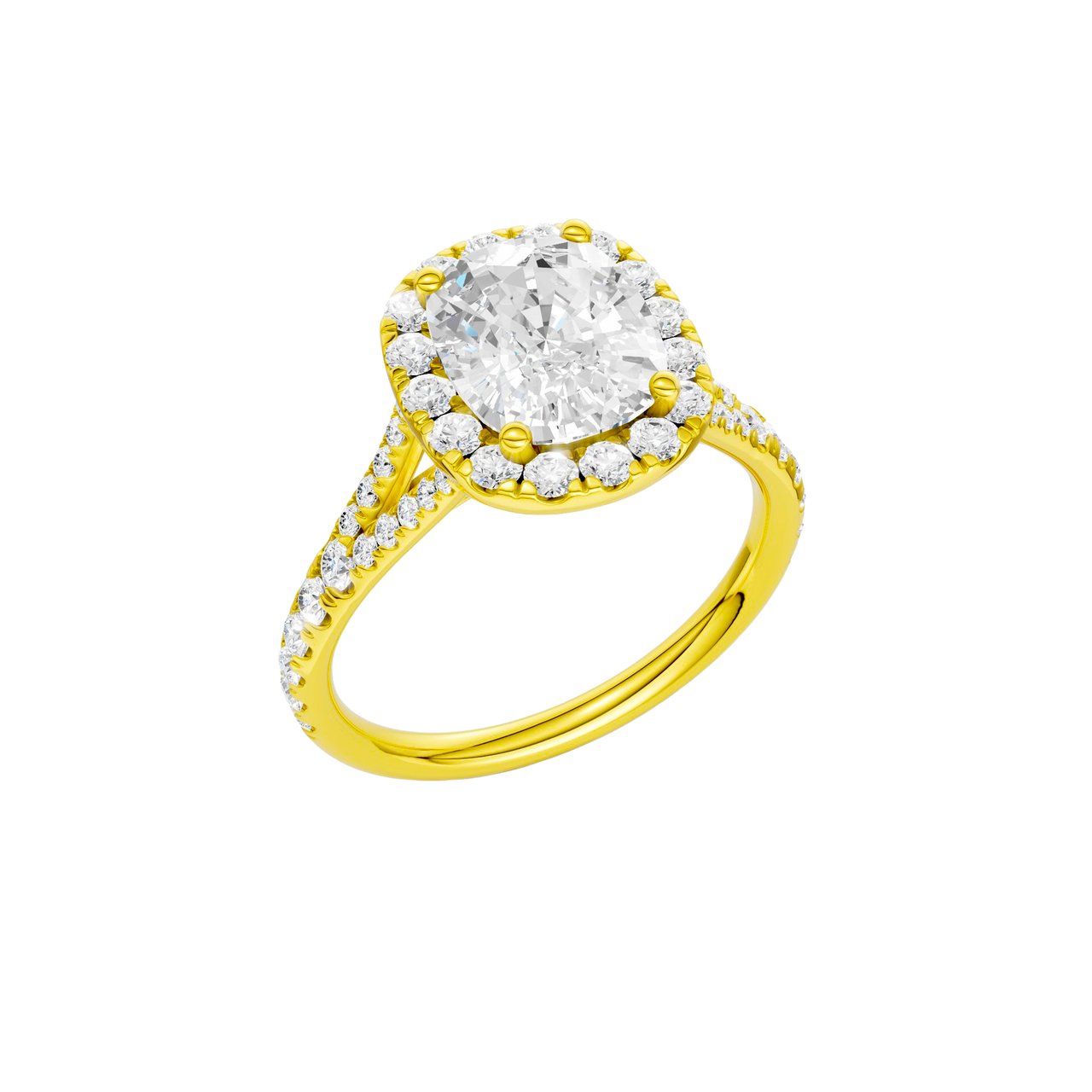 A three-quarter view of the Elongated Cushion cut diamond engagement ring in 14k yellow gold with a prong band and halo setting