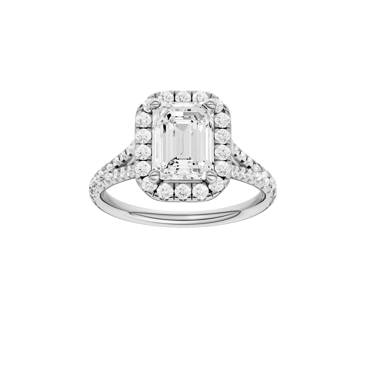 A front view of the Emerald cut diamond engagement ring in 14k white gold with a prong band and solitaire setting