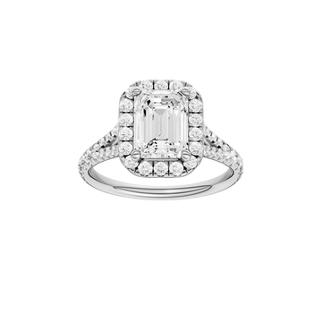 A front view of the Emerald cut diamond engagement ring in 14k white gold with a prong band and solitaire setting