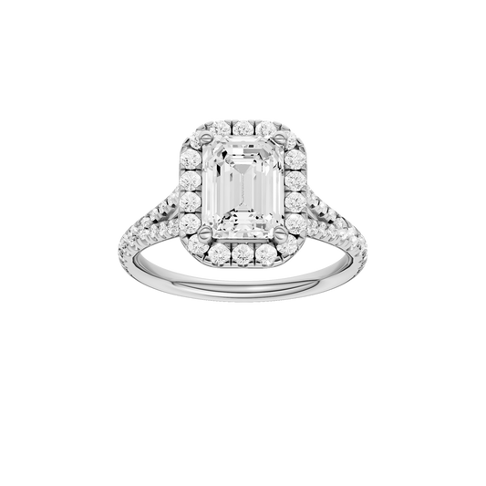 A front view of the Emerald cut diamond engagement ring in 14k white gold with a prong band and solitaire setting