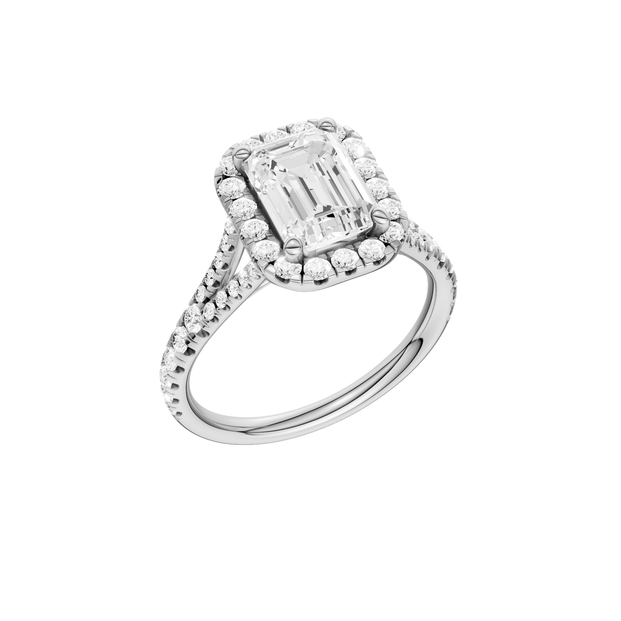 A three-quarter view of the Emerald cut diamond engagement ring in platinum with a prong band and solitaire setting