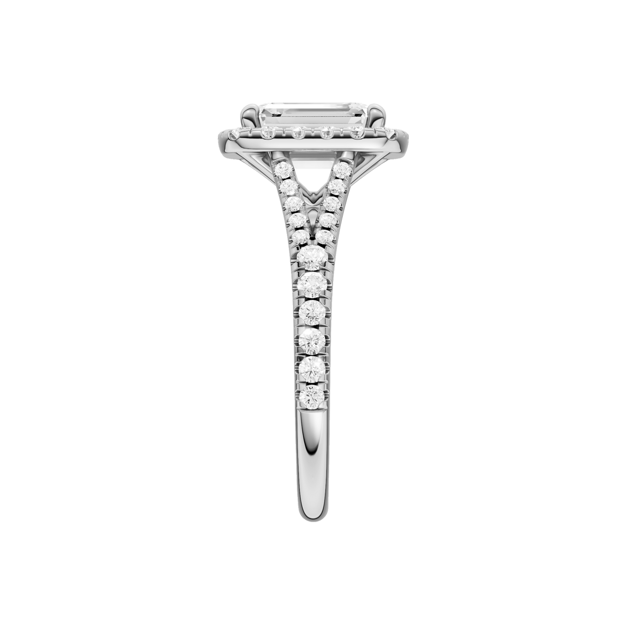 A side view of the Emerald cut diamond engagement ring in 14k white gold with a prong band and solitaire setting