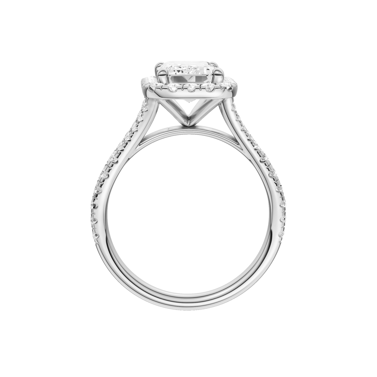 A profile view of the Emerald cut diamond engagement ring in platinum with a prong band and solitaire setting