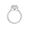 A profile view of the Emerald cut diamond engagement ring in 14k white gold with a prong band and solitaire setting