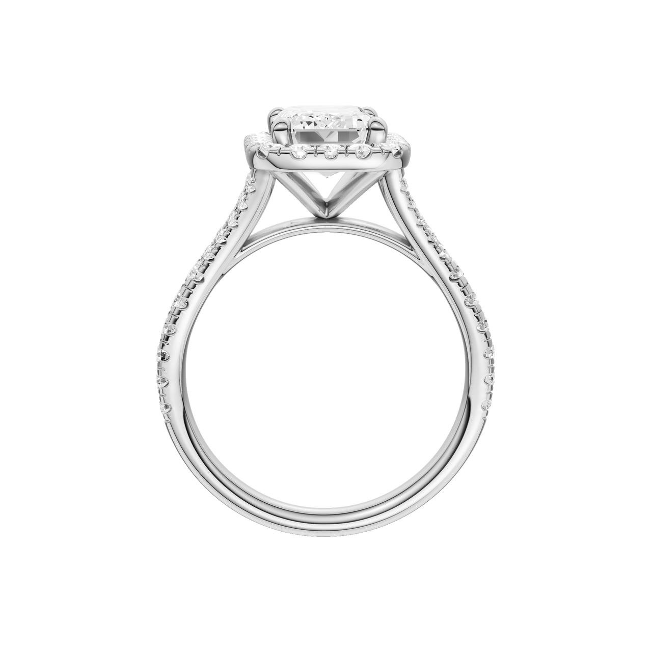 A profile view of the Emerald cut diamond engagement ring in 14k white gold with a prong band and solitaire setting