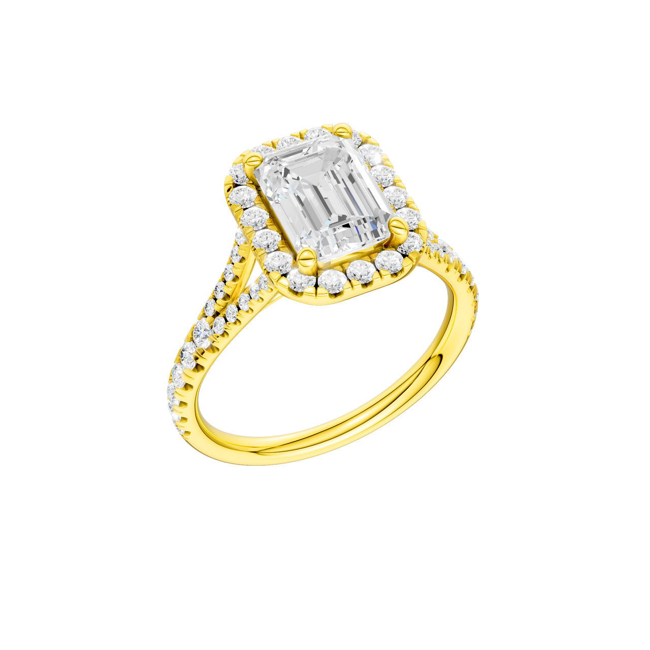 A three-quarter view of the Emerald cut diamond engagement ring in 14k yellow gold with a prong band and solitaire setting