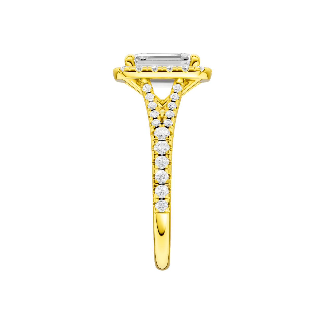 A side view of the Emerald cut diamond engagement ring in 14k yellow gold with a prong band and solitaire setting