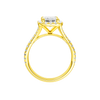 A profile view of the Emerald cut diamond engagement ring in 14k yellow gold with a prong band and solitaire setting