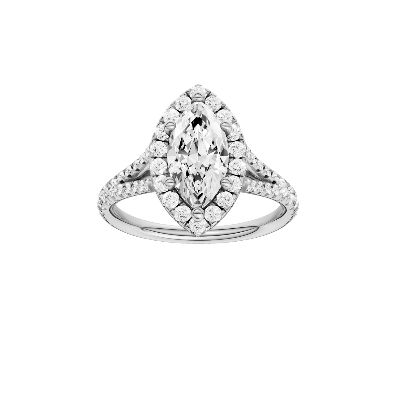 A front view of the Marquise cut diamond engagement ring in platinum with a prong band and solitaire setting