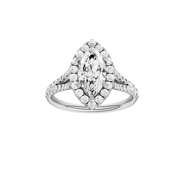 A front view of the Marquise cut diamond engagement ring in 14k white gold with a prong band and solitaire setting