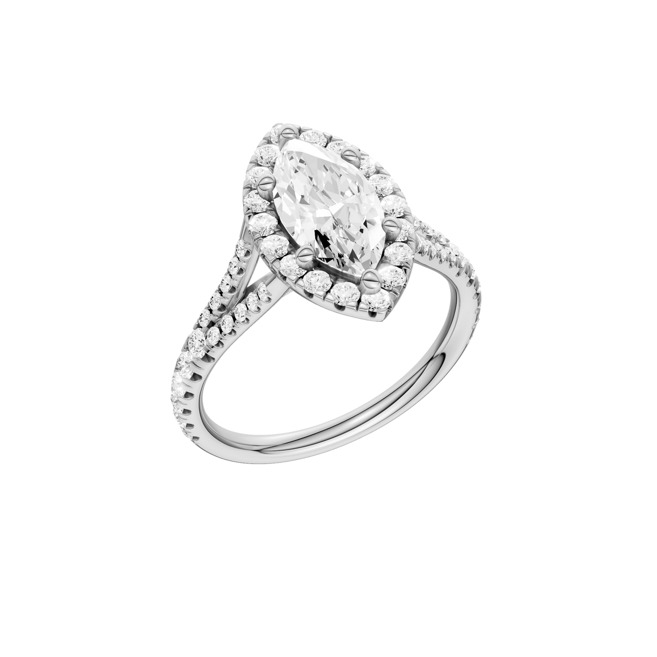 A three-quarter view of the Marquise cut diamond engagement ring in 14k white gold with a prong band and solitaire setting